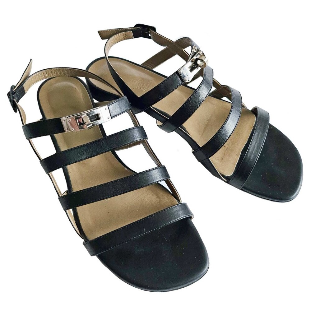 HERMES BLACK LEATHER TRANSAT GLADIATOR SANDALS (39)